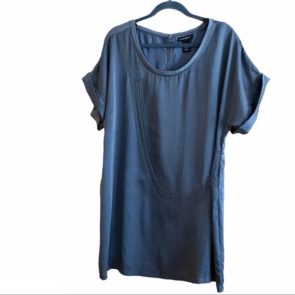 Lane Bryant Shirt Women’s 18 Blue Satin Short Cuffed Sleeve Blouse Chains Work